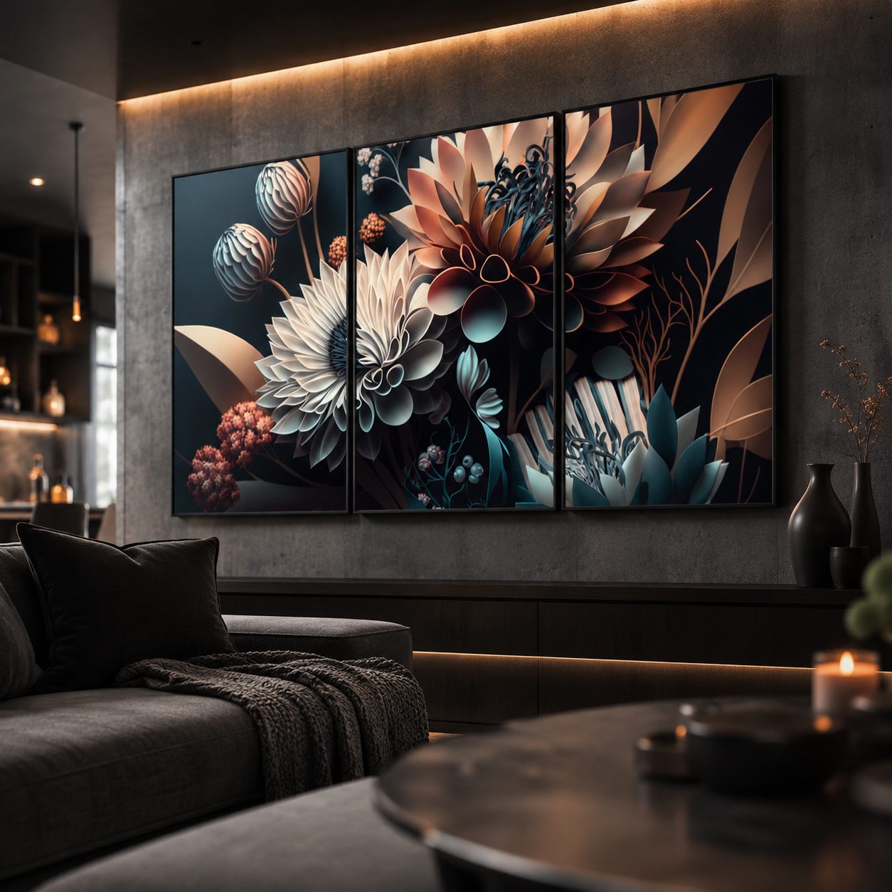 Quadros Trio Quadro Floral Cores Frias