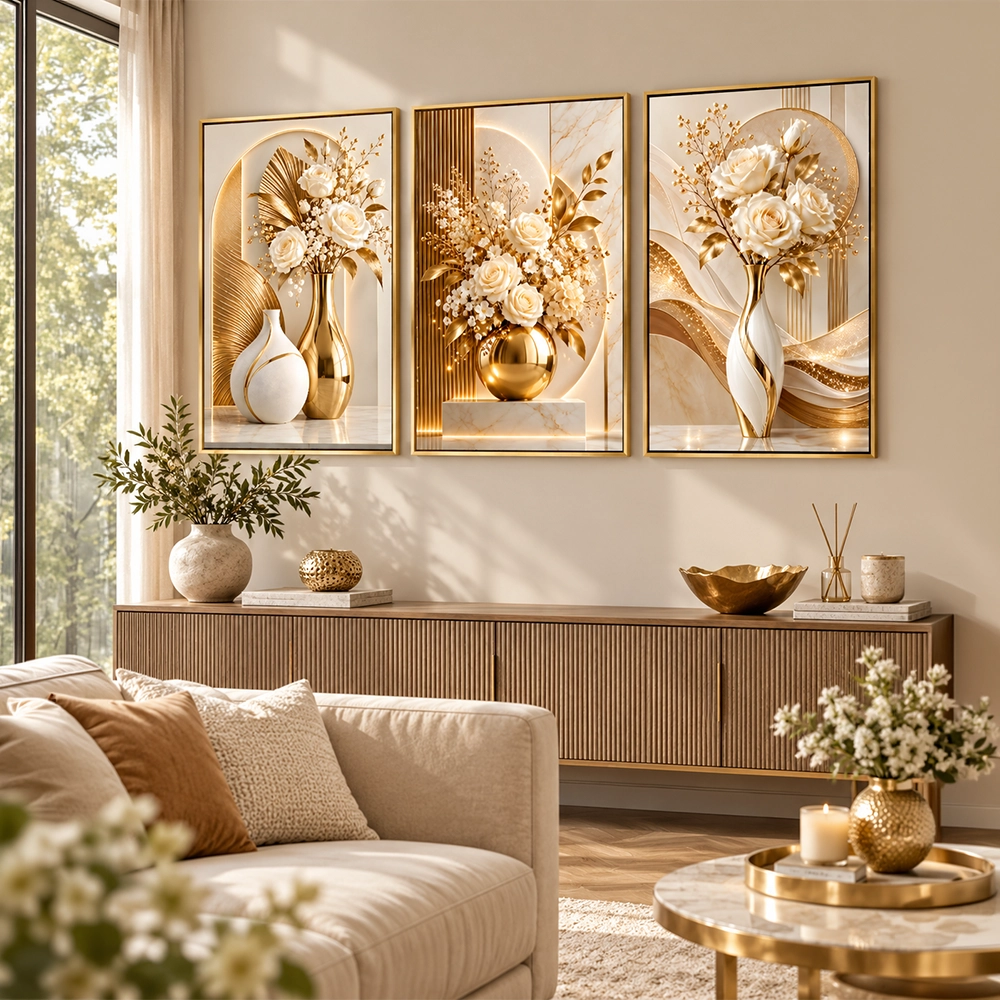 Quadro Trio Sala Flores Brancas Gold
