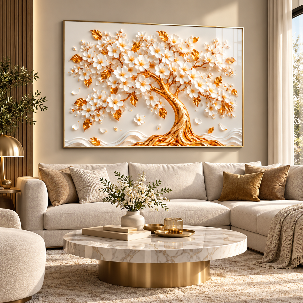 Quadro Sala Árvore Dourada Flores