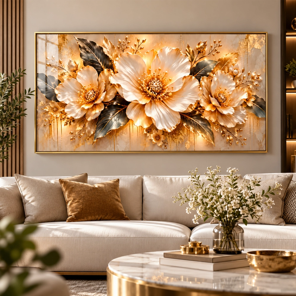Quadro Sala Flores Douradas Luxo