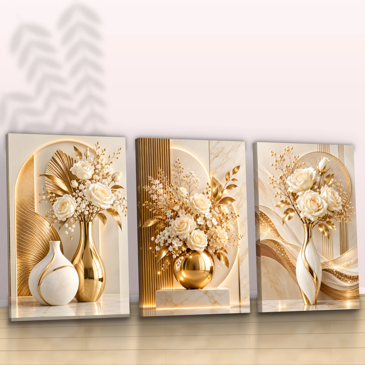 Quadro Trio Sala Flores Brancas Gold