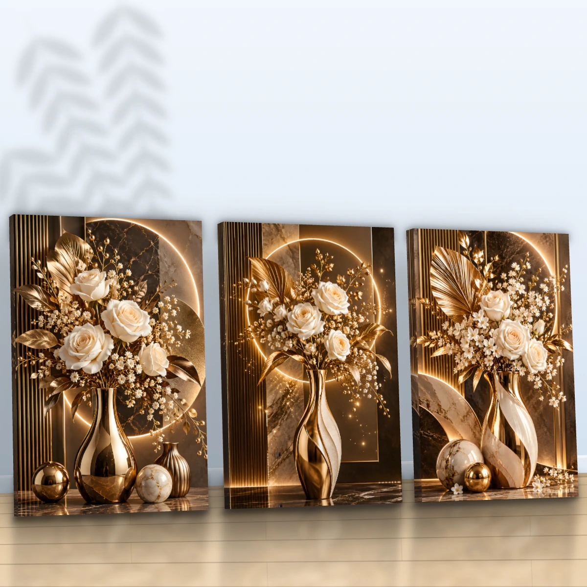 Quadro Trio Sala Flores Luxury Gold