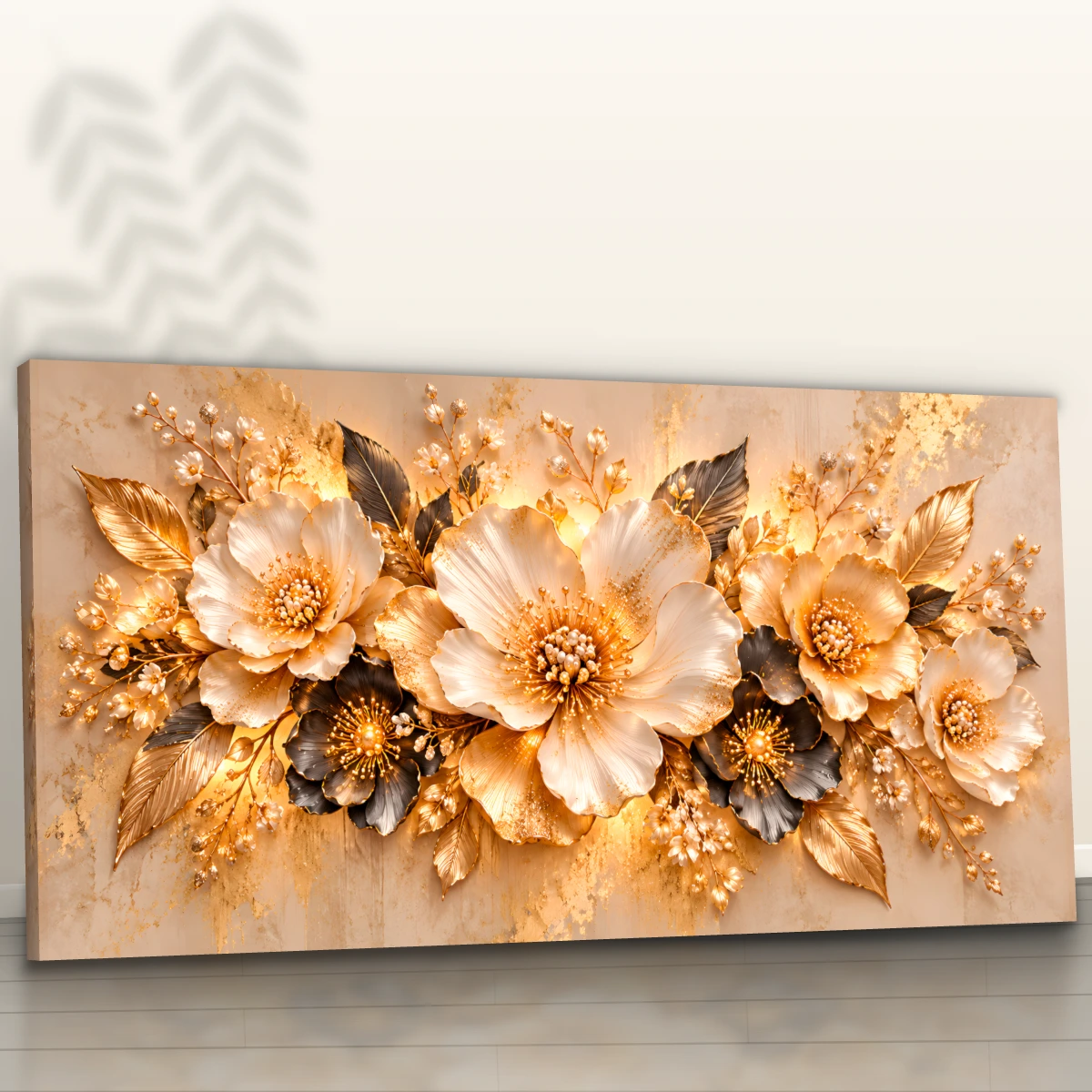 Quadro Sala Flores Gold 3D