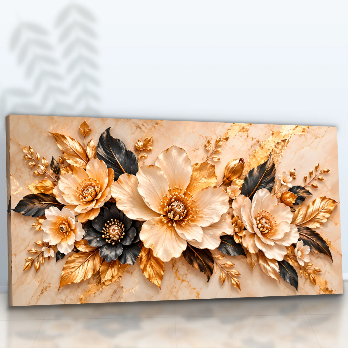 Quadro Sala Flores Bege Gold