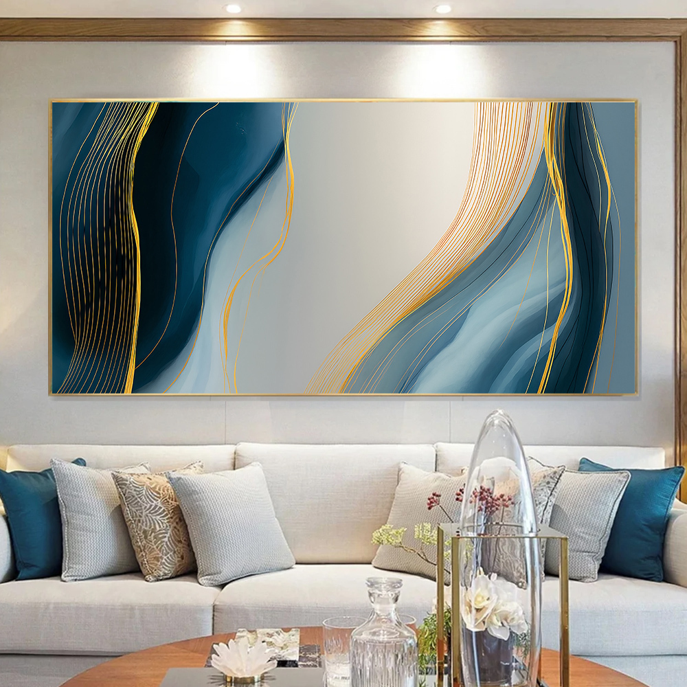 Quadro Abstrato Azul Fios Dourados
