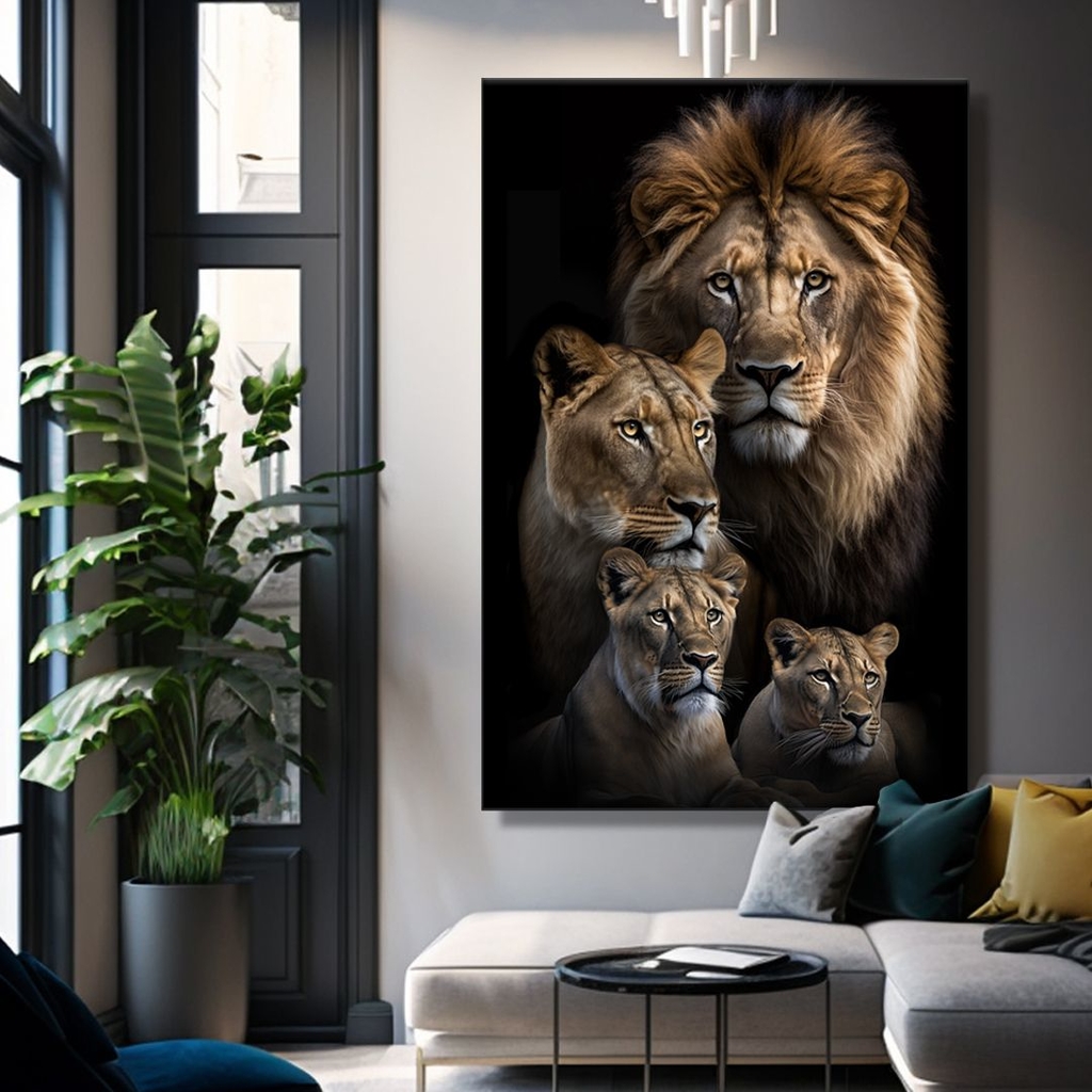 Quadro Familia de Leão e 2 Filhotes