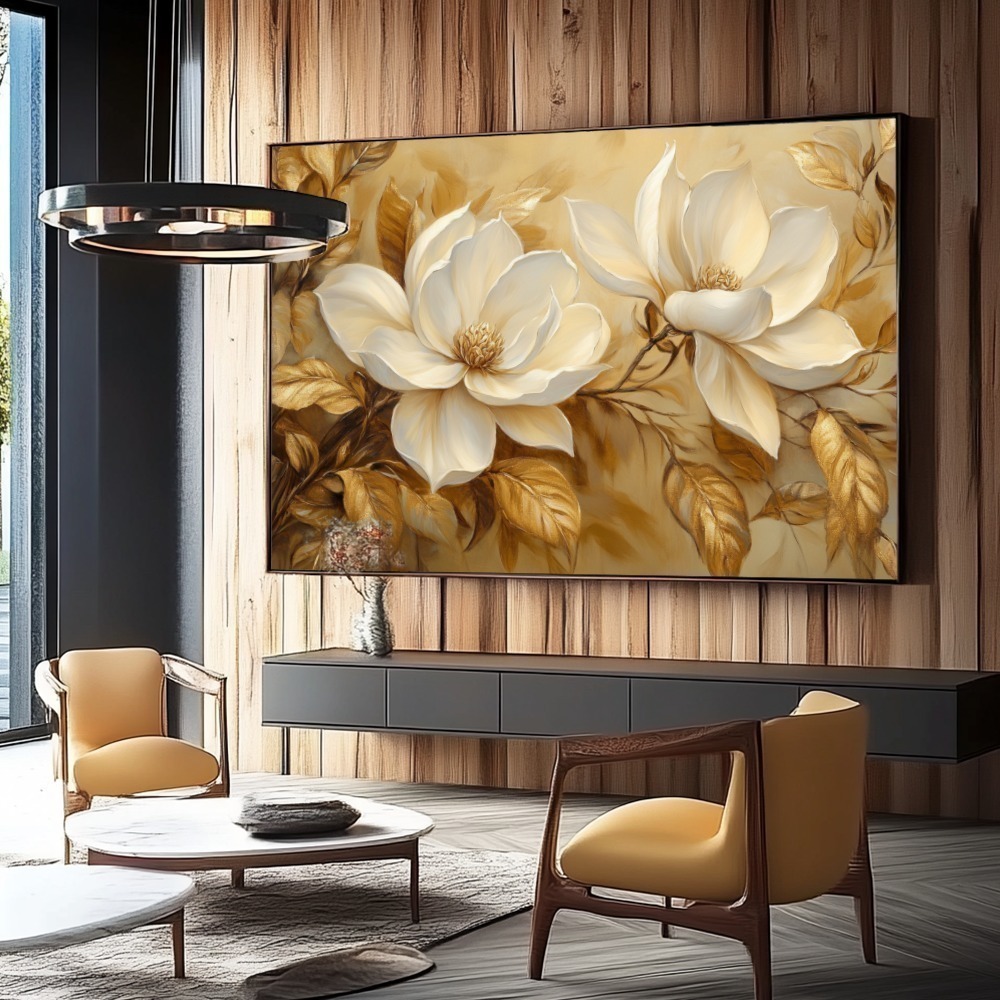 Quadro Flores Brancas E Fundo Dourado