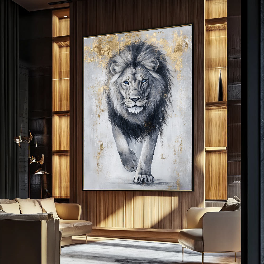 Quadro Pintura Leão Com Detalhes Dourados
